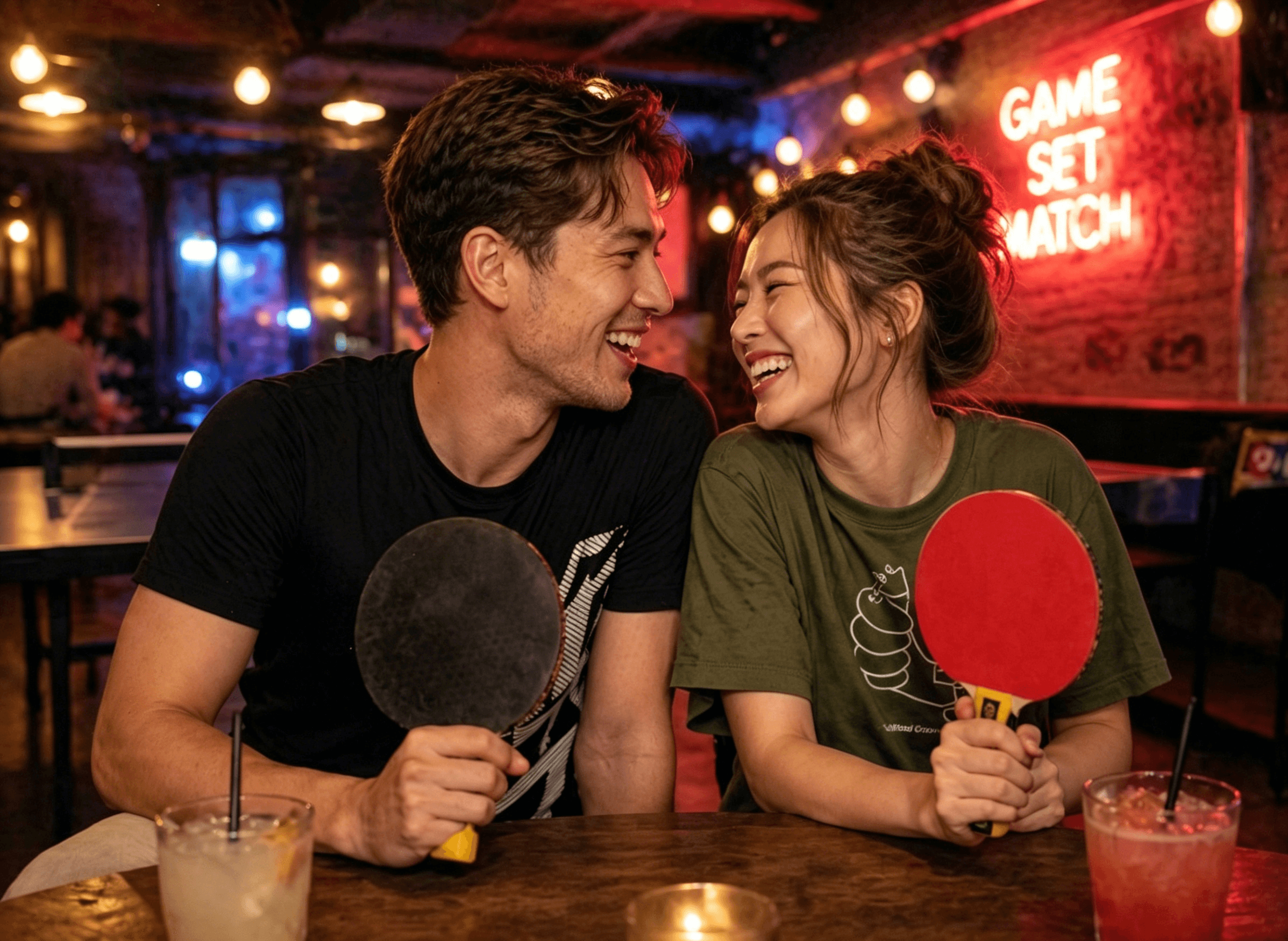 A couple on a date at a ping pong bar, laughing and holding BravoBee paddles, romantic but fun lighting, trendy setting