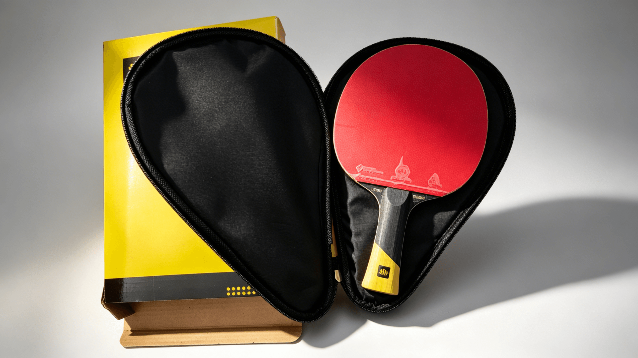 A flat lay unboxing photo BravoBee box open, paddle removed from bag, water-drop bag beside it, on a clean white background. Product photography style.