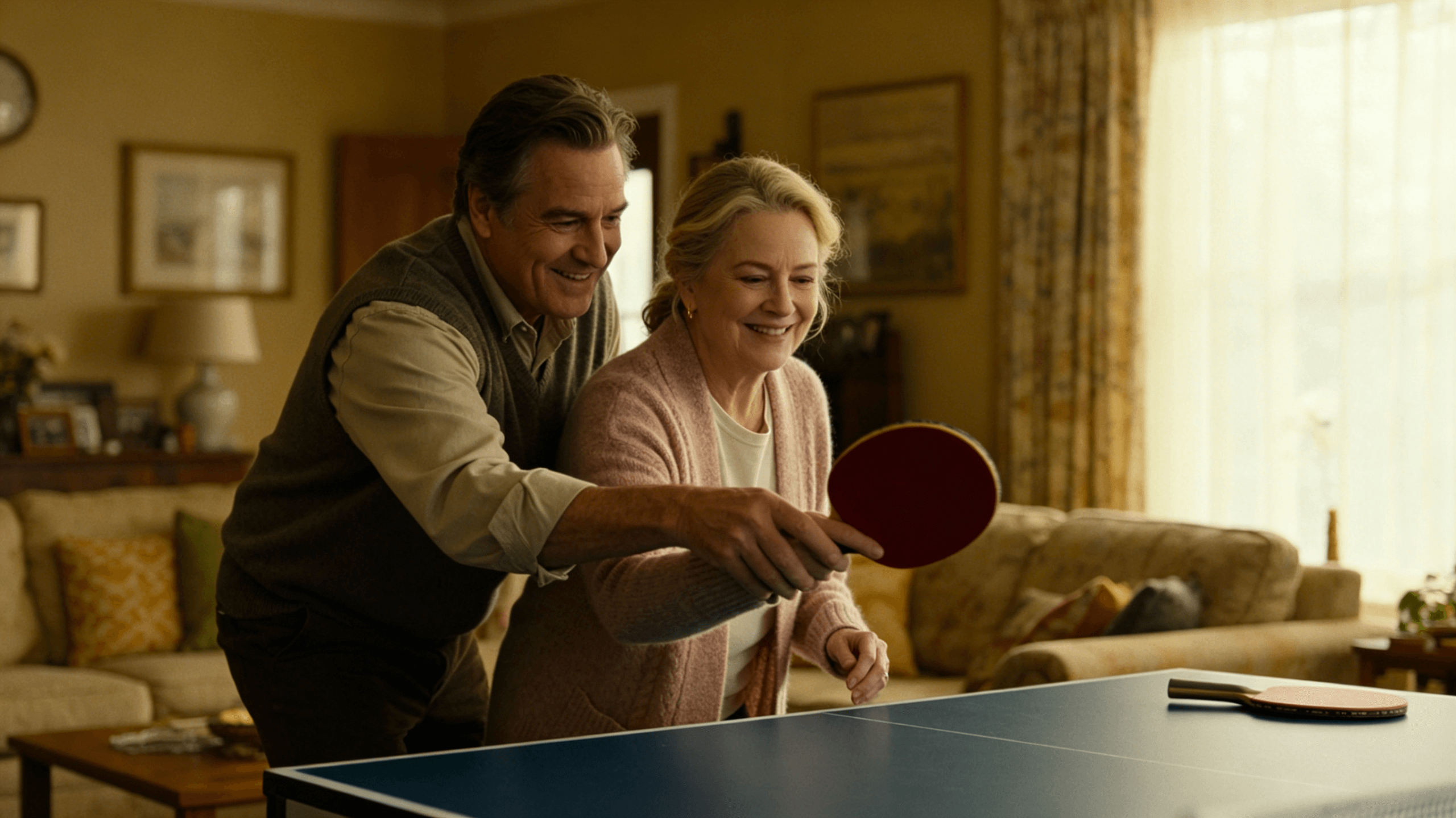 A patient partner teaching the other how to hold a BravoBee paddle, both smiling. Warm indoor light, cozy home setting