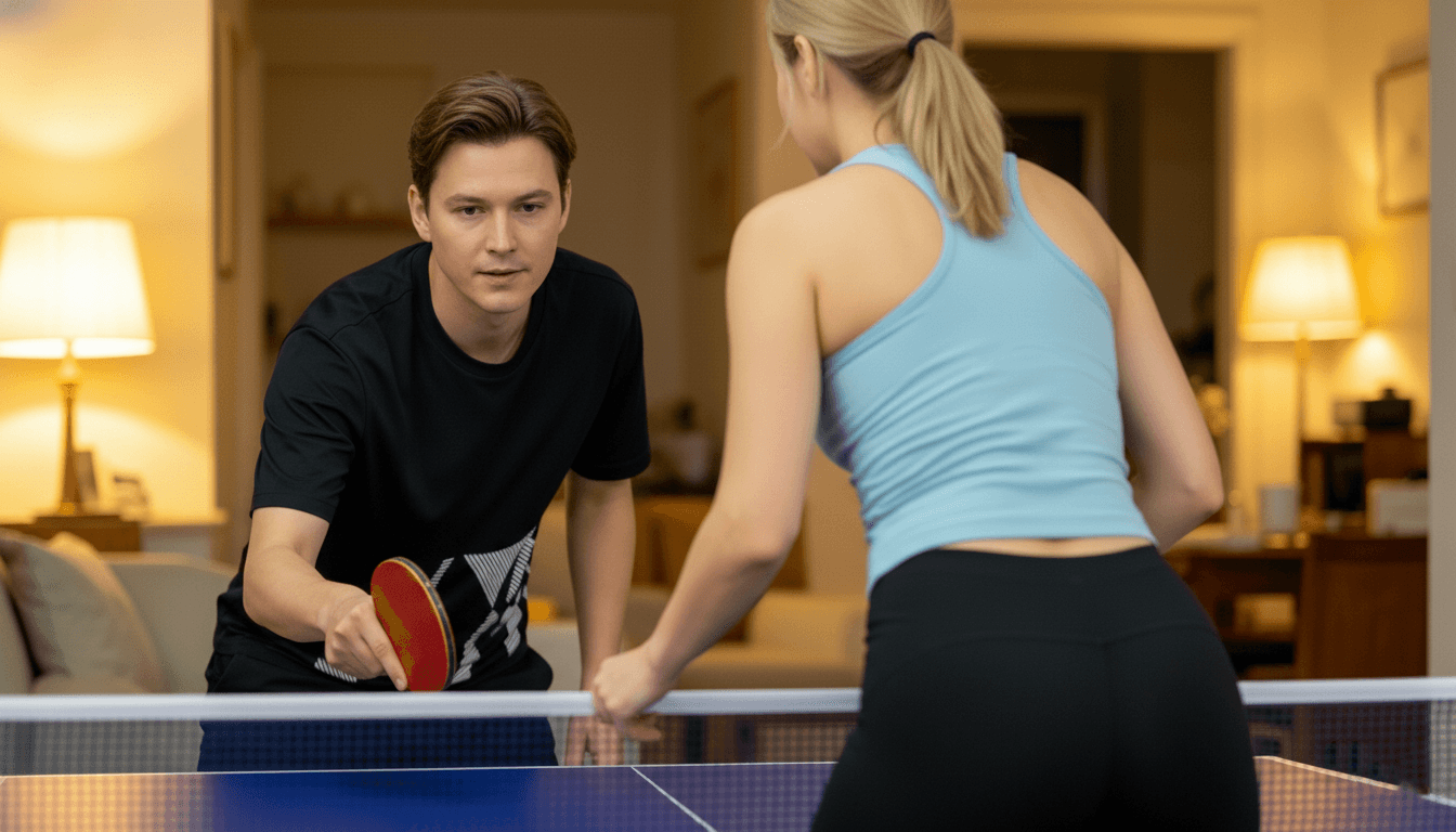 A wife watching her husband play ping pong with a BravoBee, smiling proudly. Home setting, warm lighting, candid moment.