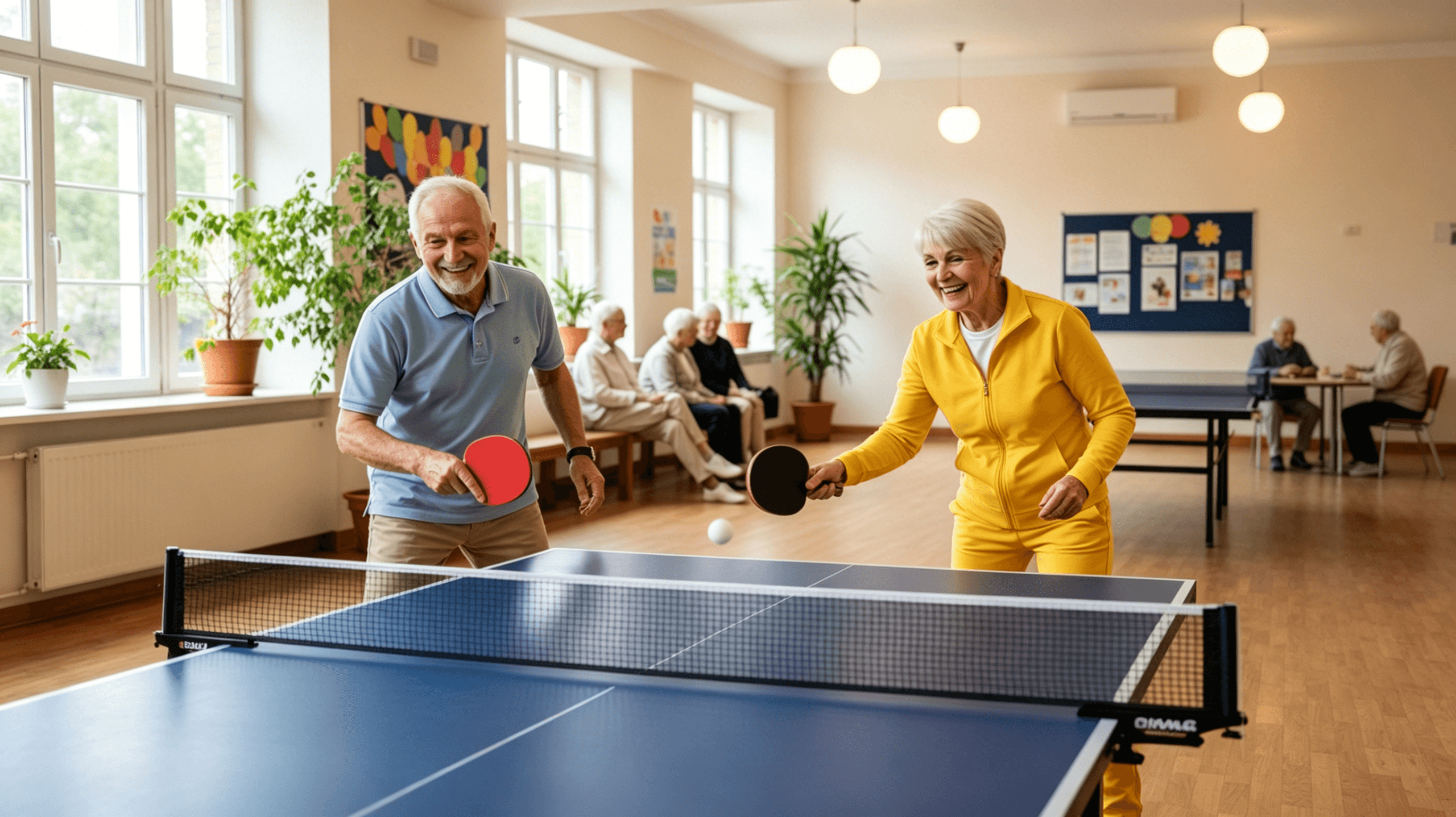 Two seniors playing ping pong in a well-lit community center, smiling, using BravoBee paddles. Warm, healthy aging vibe